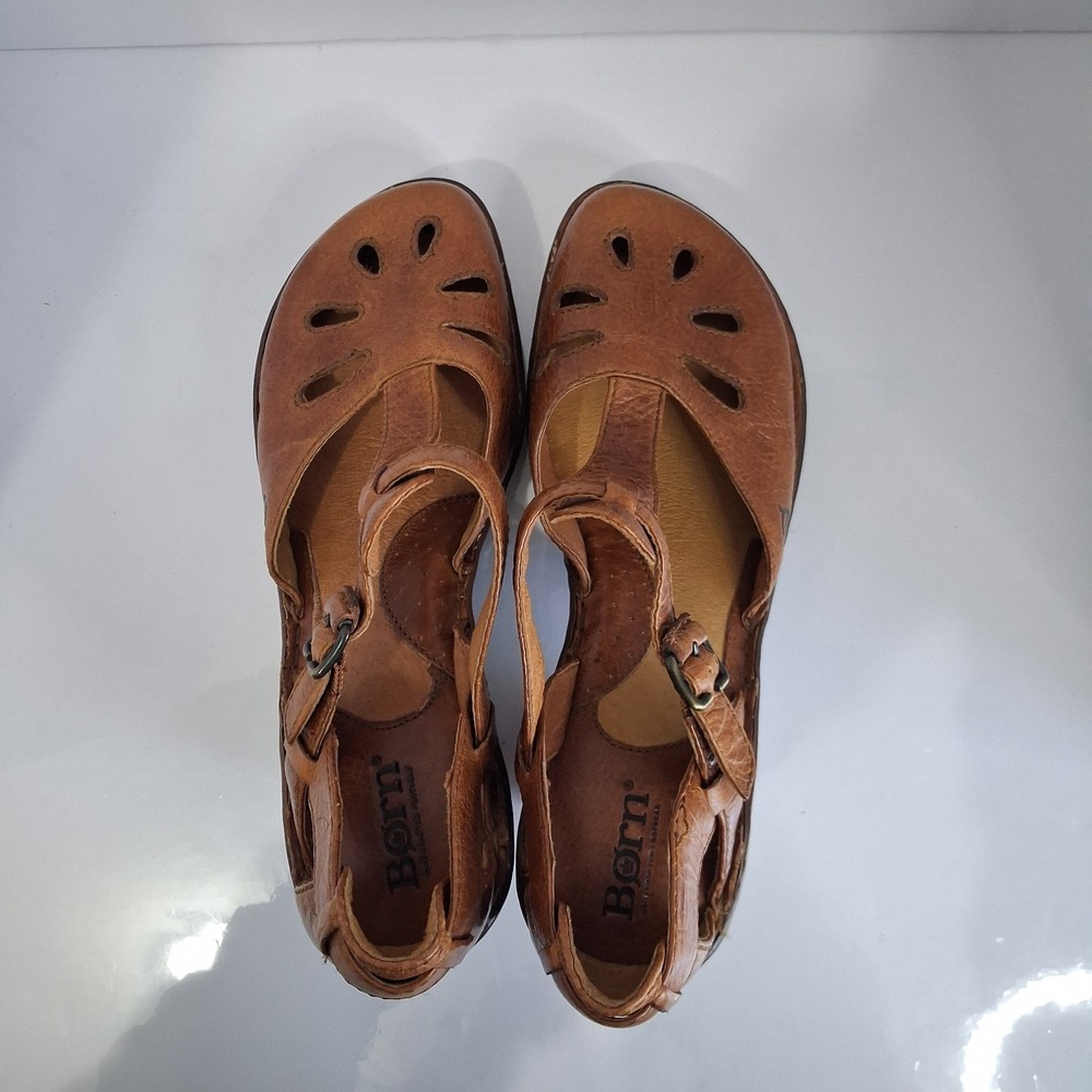 Born Womens Shoes Charisma T Strap Mary Jane Leather Round Toe Tan Heels Sz 9 - Picture 4 of 13